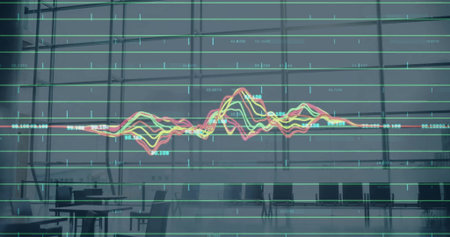 Image of financial data processing over people in office. Global business, finance, connections,...