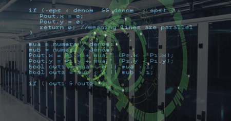 Image of data coding and circular scanner over server room. Data, processing, technology, digital...