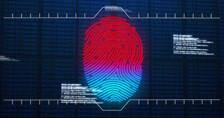 Image of data processing over biometric fingerprint on dark background. Global cyber security,...