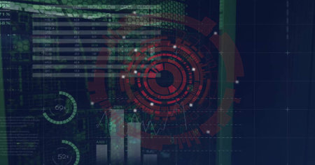 Image of circular scanner and data processing on interface screens over computer server room....
