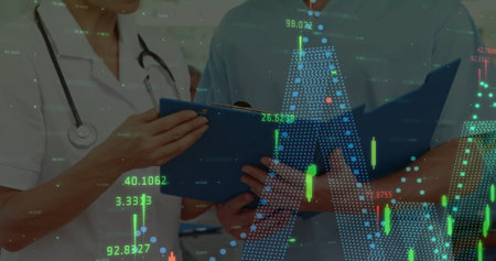 Image of data processing over diverse doctors. Global medicine, connections, computing and data...