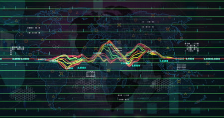 Image of financial data processing over world map. Global business, finance, connections, computing...