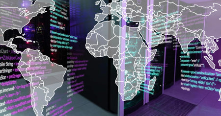 Image of world map and data processing over computer server room. Network, data, digital interface, business and global communication, digitally generated image.の写真素材