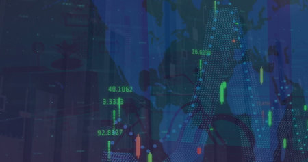 Image of statistics and financial data processing over world map. Global finance, business, connections, computing and data processing concept digitally generated image.の写真素材