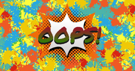Image of oops text on explosion over orange, yellow and blue paint splashes. Game, fun, retro, social media, digital interface and communication digitally generated image.の写真素材