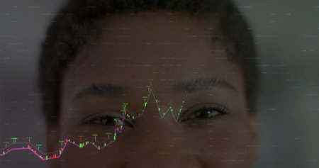 Image of data processing over asian woman. Global digital interface, connections, computing and data processing concept digitally generated image.の写真素材