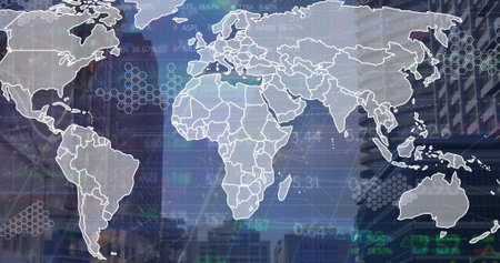 Image of data processing and world map over cityscape. Global finance, business, connections, computing and data processing concept digitally generated image.の写真素材