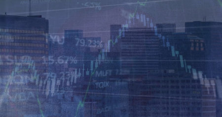 Image of statistics and financial data processing over cityscape. Global finance, business,...