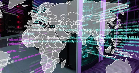 Image of world map and data processing over computer server room. Network, data, digital interface,...