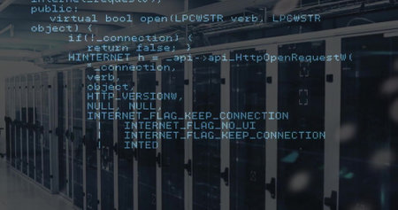 Image of coding data processing over computer server room. Network, data, digital interface, business and global communication, digitally generated image.の写真素材