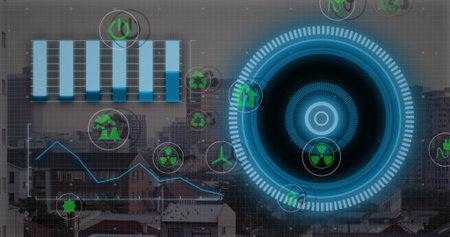 Image of eco icons, data processing and scope scanning over cityscape. Global data processing,...