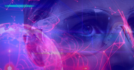 Digital composite of Science Composition Woman with virtual glasses and abstract illustration...