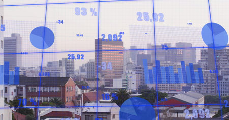 Image of multiple graphs with changing numbers over fog covered modern city against sky. Digital...