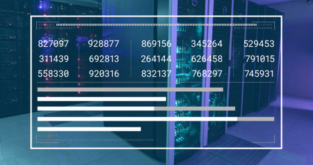 Image of numbers on screen over data server racks. Digital composite, multiple exposure, coding,...