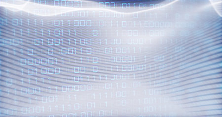 Image of looping binary codes and dynamic wave pattern over abstract background. Digitally...
