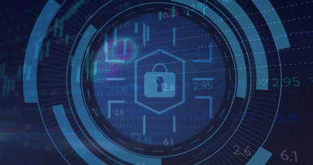 Image of padlock, moving circles with multiple graphs and trading board over abstract background....