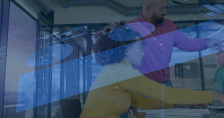 Image of infographic interface over diverse coworkers discussing reports in office. Digital...