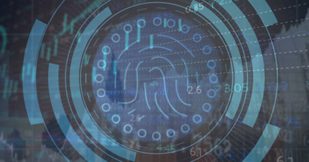 Image of fingerprint in circles, graphs and trading board over modern buildings. Digital composite,...