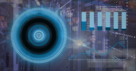 Image of loading circles, graphs and computer language over server room. Digital composite, multiple exposure, report, business, progress, coding, data center, networking and technology concept.の写真素材