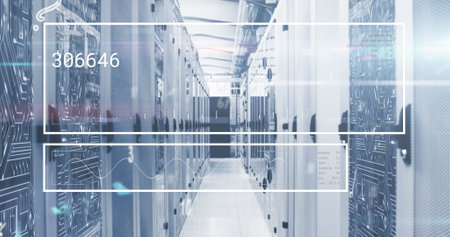 Image of numbers and alphabets floating over interface with data processing against server room....
