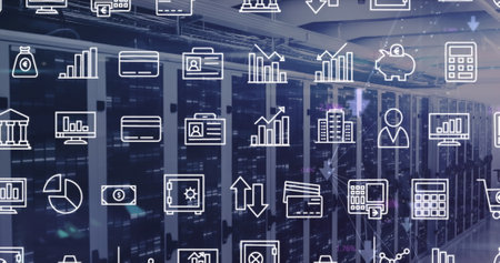 Image of interface with digital icons and mosaic squares against computer server room. Computer...