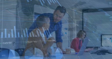 Image of graphs, loading circles, changing numbers, diverse coworkers discussing on desk. Digital...