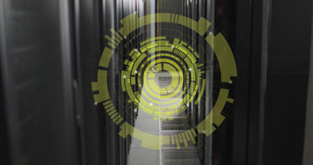Image of multiple round scanners spinning against computer server room. Computer interface and...