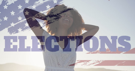 Image of usa flag effect and elections text against african american woman enjoying at the beach....