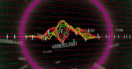Image of circular neon shapes in seamless pattern against changing numbers and data processing....