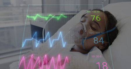 Image of heart rate monitor against biracial girl in wearing oxygen mask lying on hospital bed. Medical healthcare and research science technology conceptの写真素材