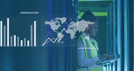 Image of data processing over african american it woman by computer servers. Global cyber security,...
