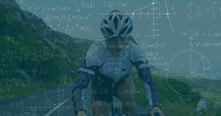 Image of mathematical equations over caucasian female cyclist riding a bicycle on the street....