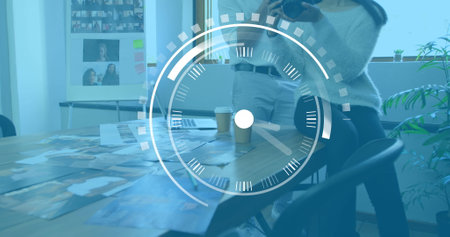 Image of clock ticking over diverse business people in office. Global business, finances, computing...