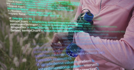 Image of financial data processing over african american woman using smartwatch during exercise. Global sports, connections, computing and data processing concept digitally generated image.の写真素材