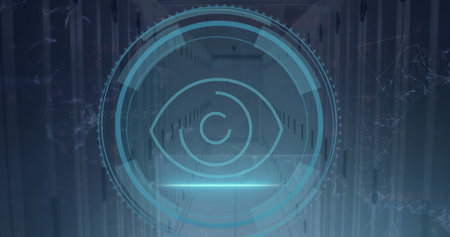 Image of eye icon and data processing over computer servers. Global computing, digital interface and...