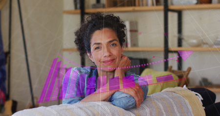 Image of data processing over caucasian woman at home. Global computing, digital interface and data...