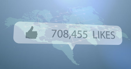 Image of thumbs up icon, changing number, likes text in notification bar over map. Digitally generated, hologram, illustration, business, like, social media reminder and global concept.の写真素材