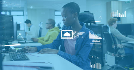 Image of financial data processing over african american businesswoman in office. Global business,...
