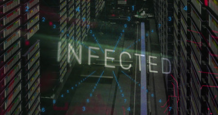 Image of infected text and data processing over computer servers. Global computing, digital interface and data processing concept digitally generated image.の写真素材