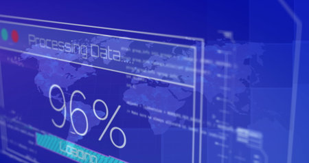 Image of changing numbers, texts, map and computer language over blue background. Digitally...