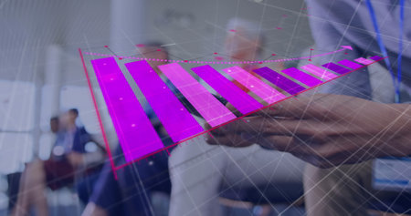 Image of arrow on falling graph over midsection of caucasian man using smartphone. Digital...