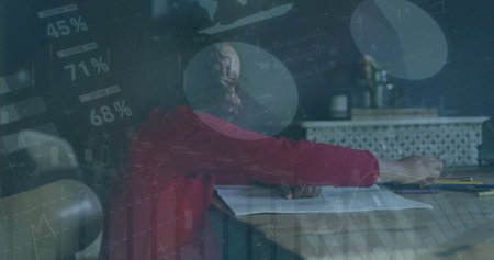 Image of infographic interface over biracial girl draws using crayons at home. Digital composite, multiple exposure, report, business, growth, progress, childhood and global concept.の写真素材