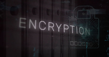 Image of encryption text and padlock over data server racks against black background. Digital composite, multiple exposure, protection, security, data center, networking and technology concept.の写真素材