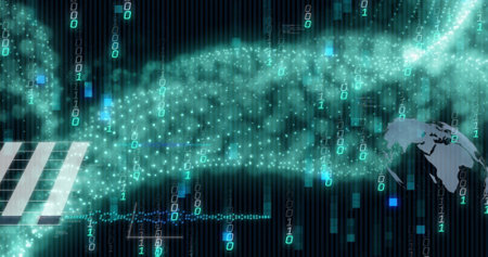 Image of binary codes moving in wave patterns over globes and graphs. Digitally generated, multiple...
