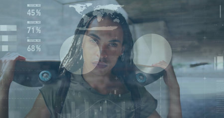 Image of multicolored infographic interface, biracial man standing with skateboard on shoulder. Digital composite, multiple exposure, report, business, growth, global and sports concept.の写真素材