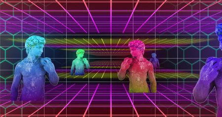 Image of multicolored glitched male statues with grid pattern against abstract background. Digitally generated, hologram, illustration, sculptures, creative, art and three dimensional concept.の写真素材