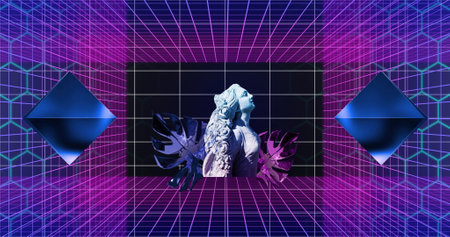 Image of rhombuses, statue of woman on leaves with grid pattern over black background. Digitally generated, hologram, illustration, sculptures, creative, art and three dimensional concept.の写真素材