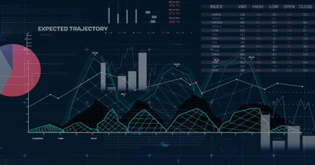 Image of finacial data processing on black background. Business, finances, computing and digital...
