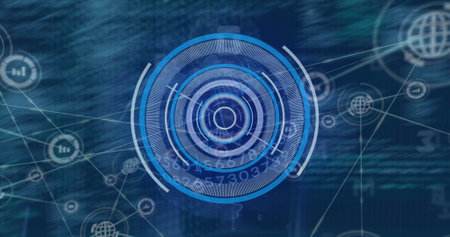 Image of circular scanner over communication networks and processing data. Data, business, networks, digital interface and global communication, digitally generated image.の写真素材