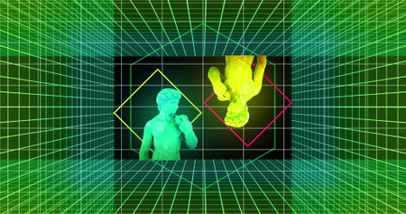 Image of multicolored glitched male statue with rhombuses over grid pattern on black background....